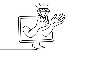 Digital hands reaching out to hold a diamond symbolizing online wealth and success