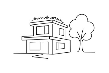 Fototapeta premium Modern house design with green roof and surrounding tree in a simple illustration