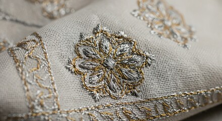 Close-up of intricate gold and silver thread embroidery on natural linen fabric, showcasing traditional floral and border patterns.