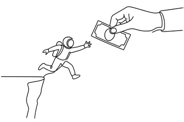 Astronaut reaching for money while jumping from a cliff in a minimalist illustration