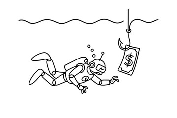 Robot diver reaching for currency under the water in a creative illustration