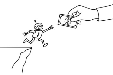 Robot reaches for money as it prepares to jump off a cliff in a humorous illustration about risk and reward