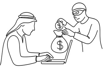 Cyber scam scene depicting a hacker stealing money from a victim using a laptop