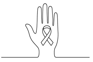 Outline of a hand with a ribbon symbolizing support for a cause, promoting awareness and solidarity