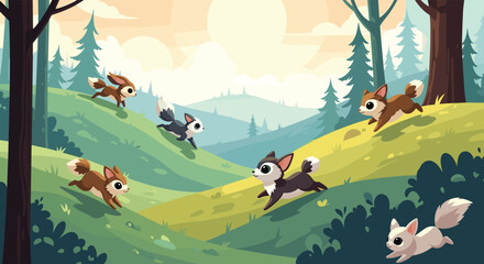A group of playful woodland creatures running downhill through the forest. A lovely scenic view of rolling green hills and trees under a warm hazy sky.