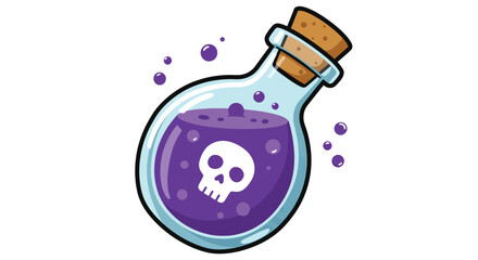 Cartoon Glass Potion Bottle Filled with Purple Liquid and Skull Symbol.