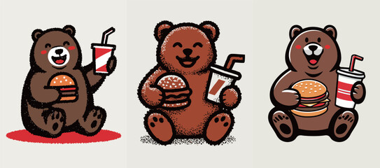 Obraz premium Three adorable cartoon bears are happily holding burgers and drinks in a cheerful atmosphere. Each bear displays a unique expression, showcasing their enjoyment.