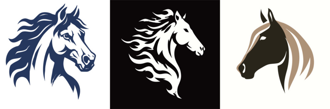 Three unique horse head designs showcase different artistic styles. The first is in dark blue, the second in white flame-like patterns, and the last in tan and black.