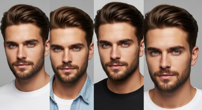 Collage of man's headshot with six different hair colors. Hair color chart. Men's hairstyling and coloring concept for hair salons, barbershops, hair dye brands to showcase different color options