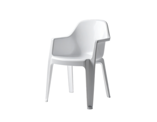 Minimalist white molded plastic arm chair on dark background