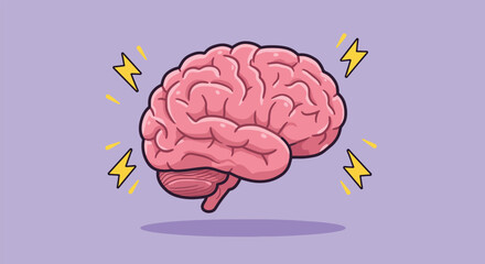 Cartoon Illustration of a Pink Human Brain with Lightning Bolts.