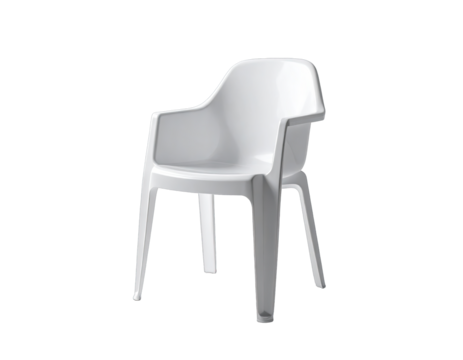 Minimalist white molded plastic arm chair on dark background