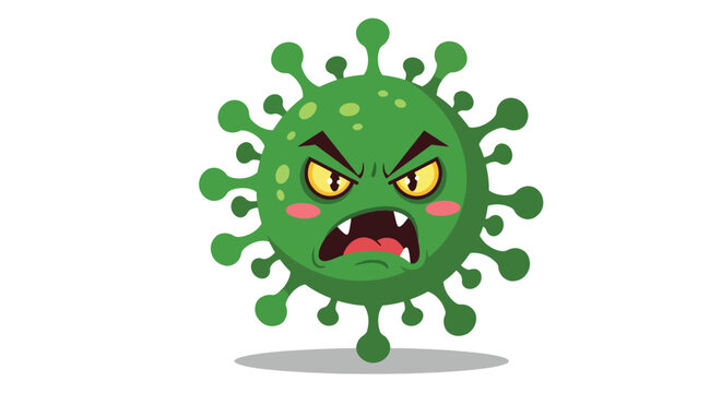 Cartoon illustration of a menacing green virus with angry facial expression.