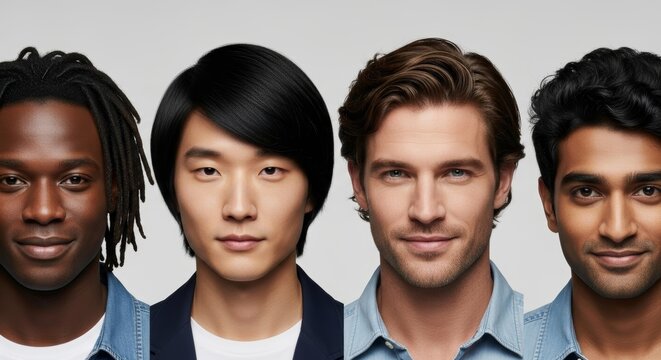 Group of multiethnic men with different hair colors and skin tones. Blonde, brunette, redhead, and African American models together. Beauty portrait representing male diversity, inclusion, skincare