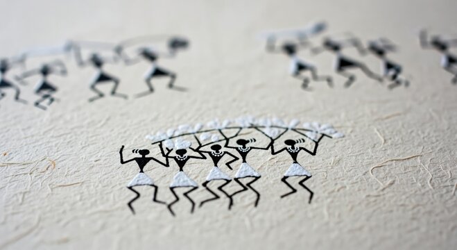 Traditional Indian Warli tribal art painting featuring black stick figures in a cultural procession carrying white objects on their heads on textured handmade paper. - Powered by Adobe