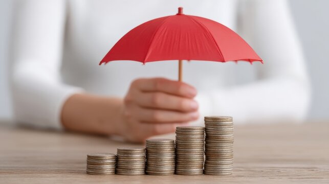 Protective Red Umbrella Over Stacked Coins on Wooden Table Demonstrating Financial Security and Investment Strategy in Contemporary Setting