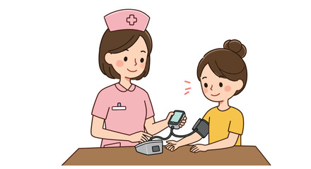 Cartoon nurse taking patients blood pressure with sphygmomanometer.