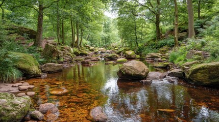 Obraz premium Serene Forest Stream with Smooth Rocks and Lush Greenery in a Tranquil Landscape