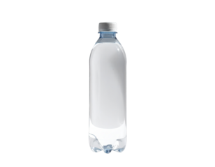 Clear plastic bottle, water inside, grey cap, plain background