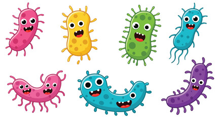 Collection of Cute Cartoon Bacteria and Microbes with Happy Faces.