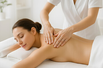 Serene woman experiences blissful relaxation during a professional therapeutic massage session for ultimate wellness and stress relief