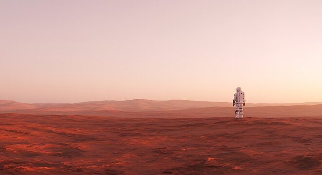 Astronaut explores a desolate red planet landscape during sunset scene