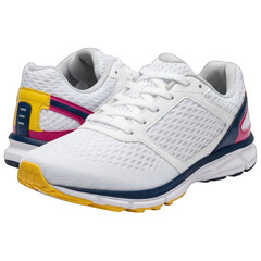 White running sneakers with colorful accents, mesh upper, and contrasting soles