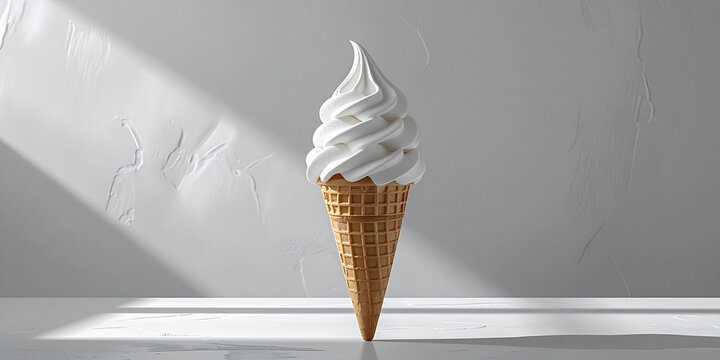 Minimalist shot of a classic vanilla soft serve ice cream in a crisp waffle cone, bathed in natural light against a textured white wall, symbolizing a delightful and cool treat