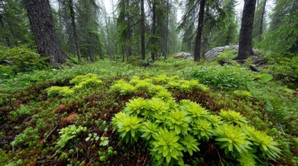 Obraz premium Lush Green Vegetation in Dense Forest with Misty Atmosphere and Tall Pine Trees