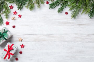 Christmas Decoration with Gifts Green Pine Branches and Red Star Confetti on White Wood Background Festive Holiday Season