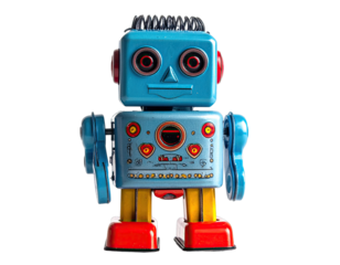 Blue, vintage robot with red eyes on black