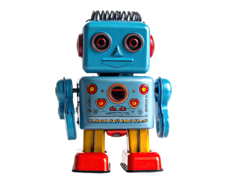 Blue, vintage robot with red eyes on black