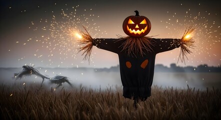 A Spooky Scarecrow Standing in the Fields Under the Moonlight on Halloween Night
