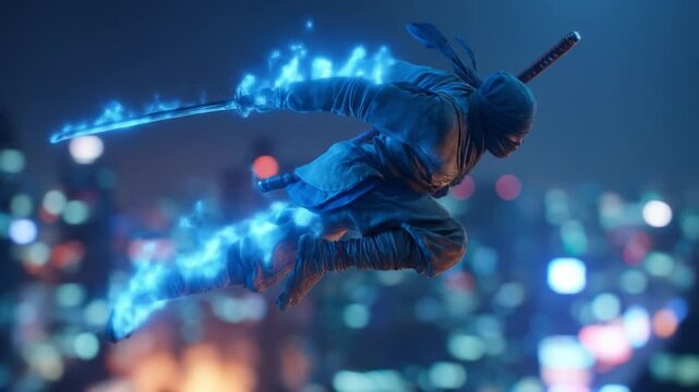 Ninja with energized sword leaps over blurred city skyline at night