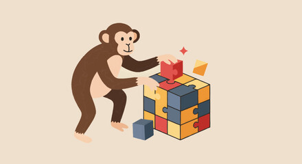 A clever cartoon monkey meticulously assembling a complex, multi-colored puzzle cube, symbolizing problem-solving, intelligence, and the joy of a challenging brain game