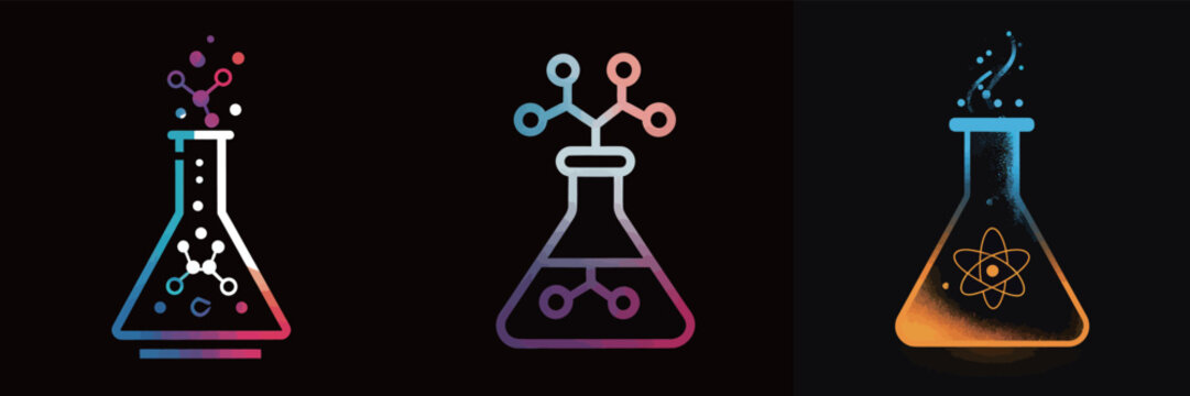 Three distinct lab equipment designs showcase colorful beakers and molecular structures, symbolizing science, research, and discovery in a vibrant way.