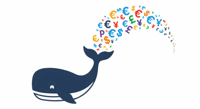 Whimsical cartoon whale illustration spouting a colorful cascade of diverse international currency symbols, representing financial abundance, global economic growth, and the prosperous flow of money