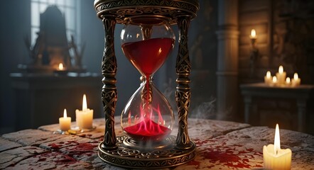 A Mystical Hourglass filled with Red Sand, surrounded by Candles in a Dark Setting atmosphere