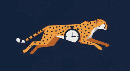 Naklejka premium Dynamic illustration of a running cheetah with an integrated stopwatch, symbolizing rapid business growth, time management, and agile efficiency for modern challenges and swift solutions