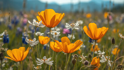 Orange and white wildflowers bloom in meadow orange poppies