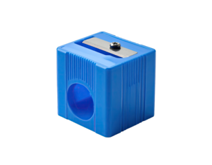 Blue, cube-shaped pencil sharpener with a metal blade