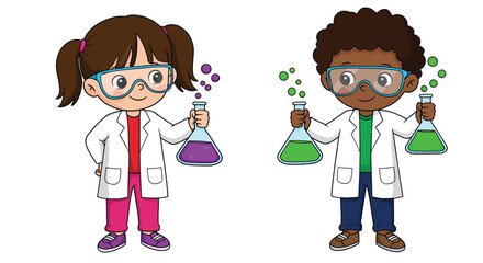 Two young cartoon children in lab coats and goggles holding beakers with colorful liquids.