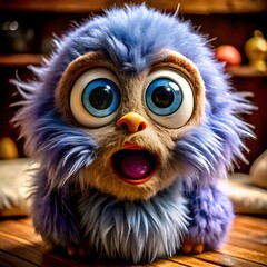 Fototapeta premium Adorable fluffy blue monster with big blue eyes and open mouth