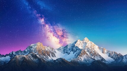 A breathtaking view of rugged mountain peaks illuminated by a vibrant starry sky, showcasing the Milky Way cascading across the night. The serene landscape contrasts with the vastness of the