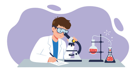 Young scientist in lab coat observing through microscope and taking notes.