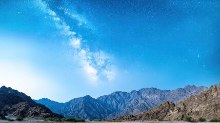 A breathtaking view of rugged mountain peaks illuminated by a vibrant starry sky, showcasing the Milky Way cascading across the night. The serene landscape contrasts with the vastness of the