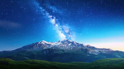 A breathtaking view of rugged mountain peaks illuminated by a vibrant starry sky, showcasing the Milky Way cascading across the night. The serene landscape contrasts with the vastness of the