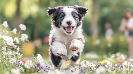 An energetic border collie puppy leaps joyfully above a carpet of wildflowers, showcasing its playful nature and zest for life. The scene is filled with varied flower species, adding depth and