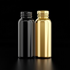 A 3D model of a metallic water bottle on a black background,