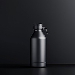 A 3D model of a metallic water bottle on a black background,